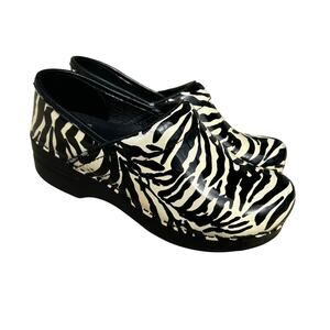 Dansko Zebra Print Patent Leather Clogs Black White Platform Comfort Shoes 37